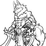  abs anthro armor belt biceps black_and_white canine clothed clothing croiyan deity ear_piercing fur loincloth looking_at_viewer male mammal melee_weapon monochrome muscular pecs piercing set smile solo standing sword topless weapon 