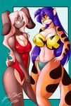  anthro big_breasts bikini black_stripes breasts chest_tuft clothed clothing duo feline female fur green_eyes grey_fur hair huge_breasts lagomorph las_lindas long_hair mammal mastergodai multicolored_fur one-piece_swimsuit orange_fur pink_hair purple_hair rabbit stripes swimsuit taffy_(las_lindas) tiger tiggs tuft two_tone_fur white_fur 