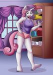  2016 anthro anthrofied barefoot breasts clothed clothing curtains cyborg-steve duo equine female friendship_is_magic hair hand_on_hip hi_res horn humanoid_feet inside line-arts long_hair mammal multicolored_hair musical_note my_little_pony open_mouth plantigrade sweetie_belle_(mlp) two_tone_hair unicorn white_skin 