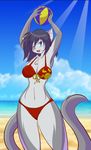  anthro bangs beach big_breasts bikini black_hair blue_eyes breasts chrissy_mccloud civet clothing facial_markings female fur grey_fur hair mammal markings mastergodai multicolored_fur one_eye_closed outside rascals seaside smile solo swimsuit two_tone_fur viverrid white_fur wink 