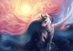  2015 bluespaceling cloud crown equine feathered_wings feathers female feral flying friendship_is_magic fur hair hi_res horn jewelry looking_at_viewer mammal moon multicolored_hair my_little_pony necklace princess_celestia_(mlp) purple_eyes sky smile solo spread_wings star sun white_feathers white_fur winged_unicorn wings 