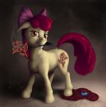  2015 amber_eyes apple_bloom_(mlp) blood bluespaceling brand branded cape clothing crying earth_pony equine female feral friendship_is_magic fur hair hair_bow hair_ribbon hi_res horse looking_at_viewer mammal my_little_pony open_mouth pony red_hair ribbons solo tears yellow_fur 
