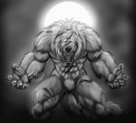  2016 abs anthro big_muscles black_nose bright_eyes canine claws digital_media_(artwork) fighting_stance front_view full_moon grey_background inkrend light male mammal monochrome moon muscular naturally_censored no_pupils open_mouth outside pecs rage scar sharp_teeth simple_background solo standing teeth were werewolf white_eyes wounded 