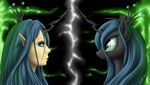  2014 abstract_background anthro changeling crown female friendship_is_magic green_eyes green_hair hair hi_res horn magic my_little_pony queen_chrysalis_(mlp) reflection smile solo wings zigword 