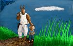  absurd_res anthro black_eyes clothing cloud colored duo father glowing grass gravel hi_res holt5 knife lagomorph long_ears looking_at_viewer looking_back mammal multiple oil_painting outside overgrowth parent rabbit sky son watermark white_clothes 