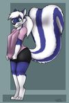  2016 anthro blue_fur clothing female fur green_eyes hair long_tail mammal platinum_blonde pmoss shorts skunk solo standing taki 