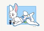  ambiguous_gender anthro big_ears brown_eyes cub diaper figurines fur lagomorph mammal rabbit simple_background solo toy wen white_fur young 