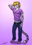  anthro cheetah clothed clothing feline fur hair hi_res hima_chita jeans male mammal pants piercing solo standing tsaiwolf twink unbuckled underwear 