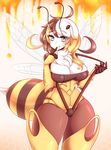  antennae arthropod bee blush breasts chest_tuft clothed clothing female finger_on_mouth green_eyes hair hi_res honey humanoid insect looking_at_viewer multicolored_hair not_furry solo standing stinger swimsuit tuft unknown_artist wings 