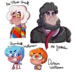  2016 age_difference beard blue_eyes cartoon_network child clothed clothing curly_hair darwin_watterson digital_media_(artwork) eyebrows facial_hair freckles fur gumball_watterson hair hi_res human humanized kmf97 male mammal mr._small mr._yoshida necktie not_furry one_eye_closed ponytail puffy_hair red_eyes size_difference smile stripes suit sweater the_amazing_world_of_gumball white_fur young 