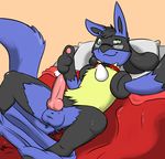  animal_genitalia animal_penis anthro balls barefoot bed canine canine_penis clothed clothing collar erection eyewear glasses kaptcha looking_at_viewer lucario lying male mammal nintendo on_back on_bed pants_down partially_clothed penis pillow pok&eacute;mon selfie sheath smile solo spread_legs spreading thumbs_up video_games 