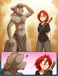  2016 ? abstract_background animal_humanoid animal_tail blush breasts brown_fur canine chest_tuft claws clothed clothing comic crossgender database_error_(twokinds) female fur group hair human humanoid loincloth male mammal navel ogling open_mouth red_hair sweat sweatdrop sythe_(twokinds) tom_fischbach topless tuft twokinds webcomic wolf wolf_humanoid yellow_eyes 