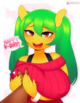  ! &lt;3 &lt;3_eyes 2016 3mangos ambiguous_gender anthro big_breasts blush breast_grab breasts clothing dialogue disembodied_hand duo english_text equine fan_character female fur green_hair hair hand_on_breast hi_res holidays horse looking_at_viewer mammal mango_(character) my_little_pony open_mouth pony text tongue valentine&#039;s_day yellow_fur 
