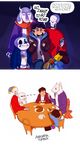  3boys :t alternate_costume anadapta androgynous brown_hair cellphone comic commentary crying dagger english extra fighting_stance food frisk_(undertale) gangster glaring gloves glowing glowing_eye goat_girl highres hood hoodie horns knife monster_girl multiple_boys nervous_smile papyrus_(font) papyrus_(undertale) phone pie sans scarf skeleton streaming_tears sweater tea teapot tears toriel undertale weapon 