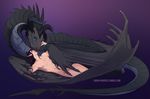  2015 ambiguous_gender balls claws cuddling curled_horns dragon duo elf eye_contact feral gradient_background hair horn humanoid lying male melinae_ratel nipples nude penis purple_background scalie simple_background size_difference smile wings 