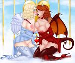  &lt;3 angel big_breasts blonde_hair blue_eyes blush bottomless breasts brown_hair clothed clothing demon duo feathered_wings feathers female female/female hair hi_res horn kissing legwear membranous_wings not_furry open_shirt pubes red_eyes saliva skimpy spade_tail thigh_highs tongue wings xinaelle 