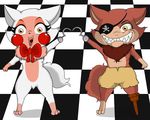  absurd_res animatronic blpanda bow broken canine checkered_background cute duo female five_nights_at_freddy&#039;s five_nights_at_freddy&#039;s_2 fox foxy_(fnaf) funtime_foxy_(fnaf) hi_res hook machine mammal necktie parody pattern_background robot simple_background telemonster video_games world 