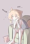  animal_humanoid blush canine chair clothing female fox fox_humanoid humanoid laugh mammal open_mouth popopoka_(artist) popopoka_(character) reaction_image simple_background sitting solo sweat text 