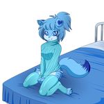  &lt;3 2015 anthro bed blue_eyes blue_fur blue_hair breasts canine clothed clothing digital_media_(artwork) dog eyelashes female fur hair happy hi_res kneeling lonbluewolf looking_at_viewer mammal nails simple_background solo sweater teeth white_background white_sclera 