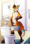  2015 anthro bathroom canine clothed clothing confusion cuntboy featureless_chest fox fur hair hi_res intersex mammal nowandlater pussy solo standing surprise toilet topless underwear zelminax 