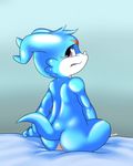  anthro bed butt digimon embarrassed hi_res looking_at_viewer looking_back maehdoggie male nude on_bed rear_view scalie signature sitting solo veemon 