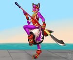  4_toes anthro black_fur black_hair black_tail blue_eyes canine claws clothed clothing detailed_background dipstick_tail ear_piercing fur glaive hair inner_ear_fluff looking_at_viewer male mammal melee_weapon multicolored_fur multicolored_hair multicolored_tail phantom_the_fox piercing polearm purple_fur purple_hair purple_tail smile solo toe_claws toes two_tone_hair vallhund watermark weapon white_fur white_tail wolf yellow_nose 