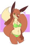 bikini canine clothed clothing ear_piercing female fox looking_at_viewer mammal navel piercing simple_background smile solo sorimori swimsuit 