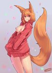  abstract_background animal_humanoid beauty_mark bottomless breasts canine clothed clothing erect_nipples female fox fox_humanoid fox_tail hair humanoid jjune mammal nipples open_shirt orange_hair pose red_eyes short_hair smile solo 