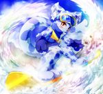 anthro black_nose blue_fur blush bottomless clothed clothing cloud coat day eyewear feline fur goggles gradient_eyes hi_res inner_ear_fluff kemono leopard looking_at_viewer male mammal ollie outside pop&#039;n_music sky snow snow_leopard snowboard snowboarding solo 悠久屋こてつ 