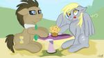  blonde_hair blue_sky bow_tie cutie_mark derpy_hooves_(mlp) doctor_whooves_(mlp) duo earth_pony equine food friendship_is_magic fur grass hair horse hourglass jbond mammal muffin my_little_pony nervous pegasus pony shirt_collar sitting sky table tongue tongue_out walled_eyed wings 