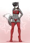  2016 abstract_background absurd_res anthro canine cat_lingerie clothed clothing dipstick_tail female full-length_portrait grey_tail hi_res mammal multicolored_tail mykegreywolf portrait skimpy solo star underwear white_tail wolf 