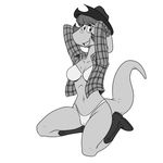  anthro boots camel_toe clothing endtown female flannel footwear greyscale hat hi_res kirbee lonbluewolf monochrome navel panties scalie smile solo underwear 