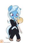  2016 alasou anthro anthrofied blue_hair chibi clothing equine female friendship_is_magic hair hi_res holding_object horn mammal multicolored_hair musical_instrument my_little_pony patreon purple_eyes simple_background solo trixie_(mlp) trombone two_tone_hair unicorn white_background 