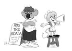  anthro black_and_white blush crossed_arms dk_(artist) duo endtown english_text female hair holly_hollister koala linda_kowalski mammal marsupial megaphone monochrome mouse rodent sign stool text 