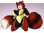  anthro areola big_breasts breasts camel_toe female lavenderpandy mammal nipple_bulge nipples red_panda simple_background smile solo striped_tail teeth thick_thighs 