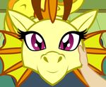  2016 absurd_res adagio_dazzle_(eg) badumsquish close-up duo female hi_res human looking_at_viewer mammal my_little_pony petting purple_eyes siren solo_focus 