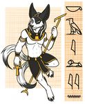  ankh anthro armband big_ears black_and_white_fur black_and_white_hair black_fur bracelet canine claws clothing digital_media_(artwork) egyptian egyptian_clothing en1gmat1c fennec fox fur green_eyes headband hi_res hieroglyphics hybrid jewelry kaelyn_idow loincloth male mammal marble_fox multi_tail papyrus plantigrade simple_background solo staff white_fur 