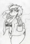  anthro beverage big_breasts black_and_white breasts capybara cleavage clothed clothing coffee cup dottie_proctor endtown female food hair half-closed_eyes king-cheetah mammal monochrome rodent sleepy solo steam underwear 