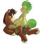  ambiguous_gender balls black_background blush brown_fur brown_hair duo earth_pony equine friendship_is_magic fur green_eyes green_hair hair hooves horse male male/ambiguous mammal my_little_pony on_top open_mouth penetration penis pony reverse_cowgirl_position sex simple_background size_difference troubleshoes_(mlp) 