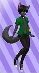  2016 anthro black_fur black_hair canine chain clothed clothing collar converse front_view fur girly hair hi_res jeans looking_away male mammal navel nintendo open_shirt pants pattern_background plantigrade pok&eacute;ball pok&eacute;mon purple_eyes rainbow_armwear rococo shirt simple_background smile sneakers solo spike_elatha striped_armwear striped_background video_games wolf wristband 