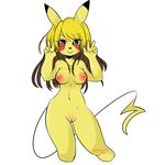  2016 anthro areola blonde_hair breasts brown_hair digital_media_(artwork) double_v_sign female fur hair luna_lupin mammal mouse multicolored_hair navel nintendo nipples nude orange_eyes pikachu pok&eacute;mon portrait pussy rodent simple_background solo standing three-quarter_portrait two_tone_hair v_sign video_games white_background yellow_fur zoe_(catgirl123) 
