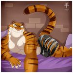  aaron_(artist) abs anthro bed biceps big_muscles brown_fur bulge claws clothed clothing disney fur green_eyes hi_res looking_at_viewer lying male muscular on_side pecs pink_nose shorts smile solo stripes stripper_tiger_(zootopia) teeth topless whiskers white_fur zootopia 