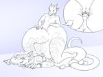  2016 all_fours anal_vore anthro anus ass_up backsack balls big_butt blue_background butt claws dragon duo firondraak hair hi_res horn kalnareff kalnareff_(character) long_hair male male/male navel nude pillow pointy_ears scalie simple_background size_difference stripes teeth tongue tongue_out tribal vore 