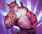  2016 abs anthro biceps big_muscles black_fur bulge chest_tuft claws clothed clothing digital_media_(artwork) disney feline fur half-length_portrait looking_at_viewer male mammal muscular muscular_male null-ghost orange_fur pecs pink_nose pointing portrait shorts smile smirk solo standing stripes stripper stripper_tiger_(zootopia) tiger topless tuft white_fur yellow_eyes zootopia 