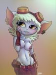  2016 breasts brown_eyes clothed clothing digital_media_(artwork) ear_piercing eyewear facial_piercing female goggles hair ikiki league_of_legends lip_piercing navel nipple_piercing nipples piercing purple_skin short_hair smile solo topless tristana video_games white_hair yordle 