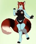  anthro areola big_breasts bra breasts clothing female flashing hi_res lavenderpandy legwear looking_at_viewer mammal navel nipple_bulge panties red_panda simple_background slightly_chubby smile solo striped_tail teeth thick_thighs thigh_highs underwear wide_hips 