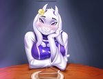  2016 anthro bedroom_eyes blush boss_monster breasts caprine cute doomthewolf female food goat half-closed_eyes hi_res looking_at_viewer mammal mmmmm_pie pie seductive smile solo toriel undertale video_games 