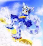  anthro black_nose blue_fur blush bottomless clothed clothing cloud coat day eyewear feline fur goggles gradient_eyes hi_res inner_ear_fluff kemono leopard looking_at_viewer male mammal ollie outside pawpads pop&#039;n_music sky snow snow_leopard snowboard snowboarding solo 悠久屋こてつ 