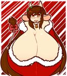  big_breasts bovine breasts brown_hair cattle christmas cowbell eyewear female glasses hair hi_res holidays horn huge_breasts long_hair mammal nilla overweight solo tehbuttercookie tongue tongue_out vanillapaw yellow_eyes 