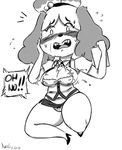  animal_crossing anthro blush breasts canine cleavage clipboard clothed clothing dog english_text eyelashes fangs female greyscale hi_res isabelle_(animal_crossing) mammal monochrome navel nintendo noodle-lu open_mouth panties solo speech_bubble sweat text thick_thighs underwear upskirt video_games wardrobe_malfunction 